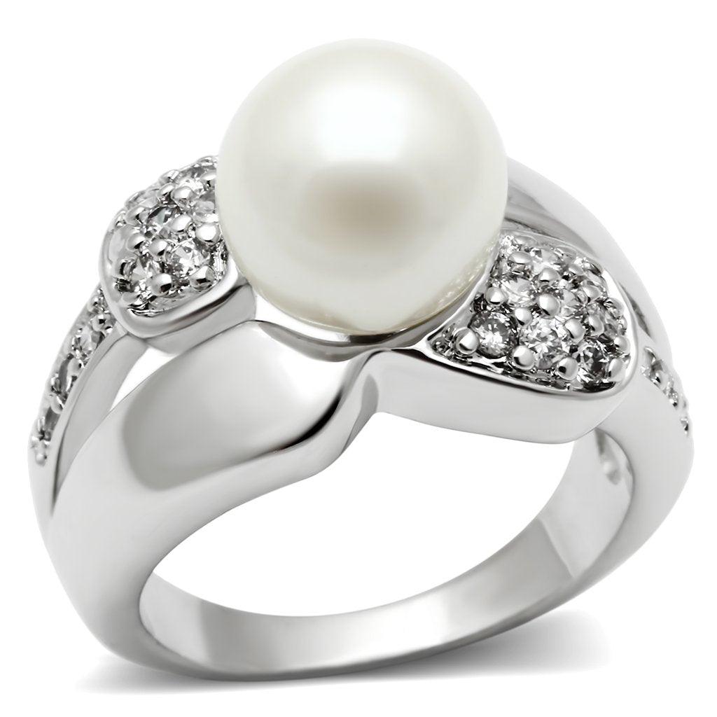 Alamode Rhodium Brass Ring with Synthetic Pearl in White - Alamode