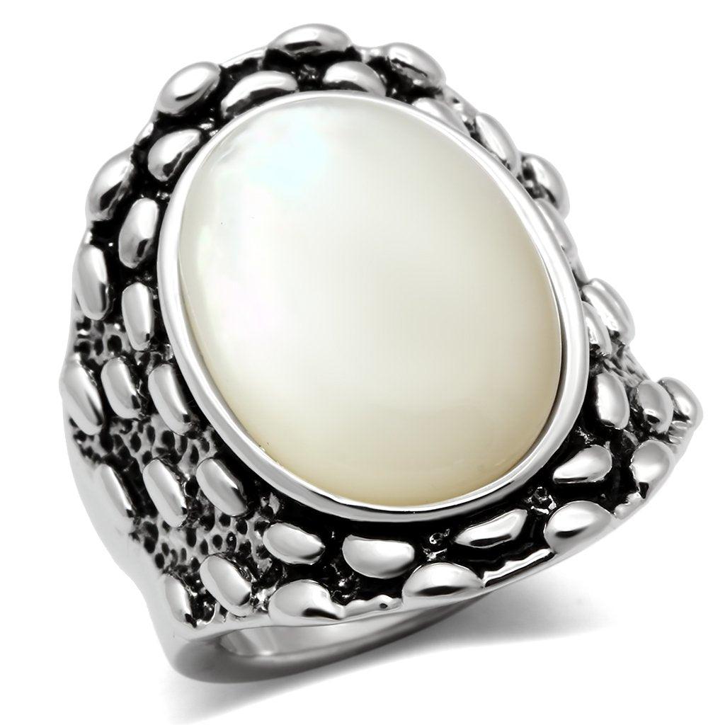 Alamode Rhodium Brass Ring with Precious Stone Conch in White - Flyclothing LLC