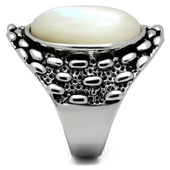 Alamode Rhodium Brass Ring with Precious Stone Conch in White - Flyclothing LLC