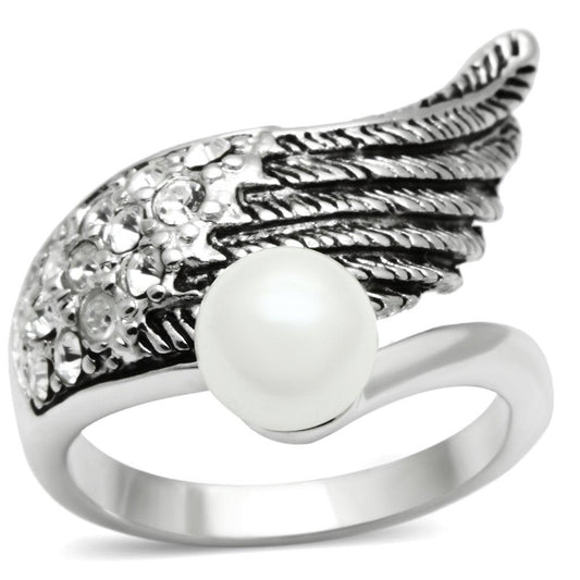 Alamode Rhodium Brass Ring with Synthetic Pearl in White - Alamode