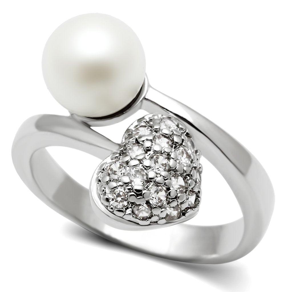 Alamode Rhodium Brass Ring with Synthetic Pearl in White - Alamode