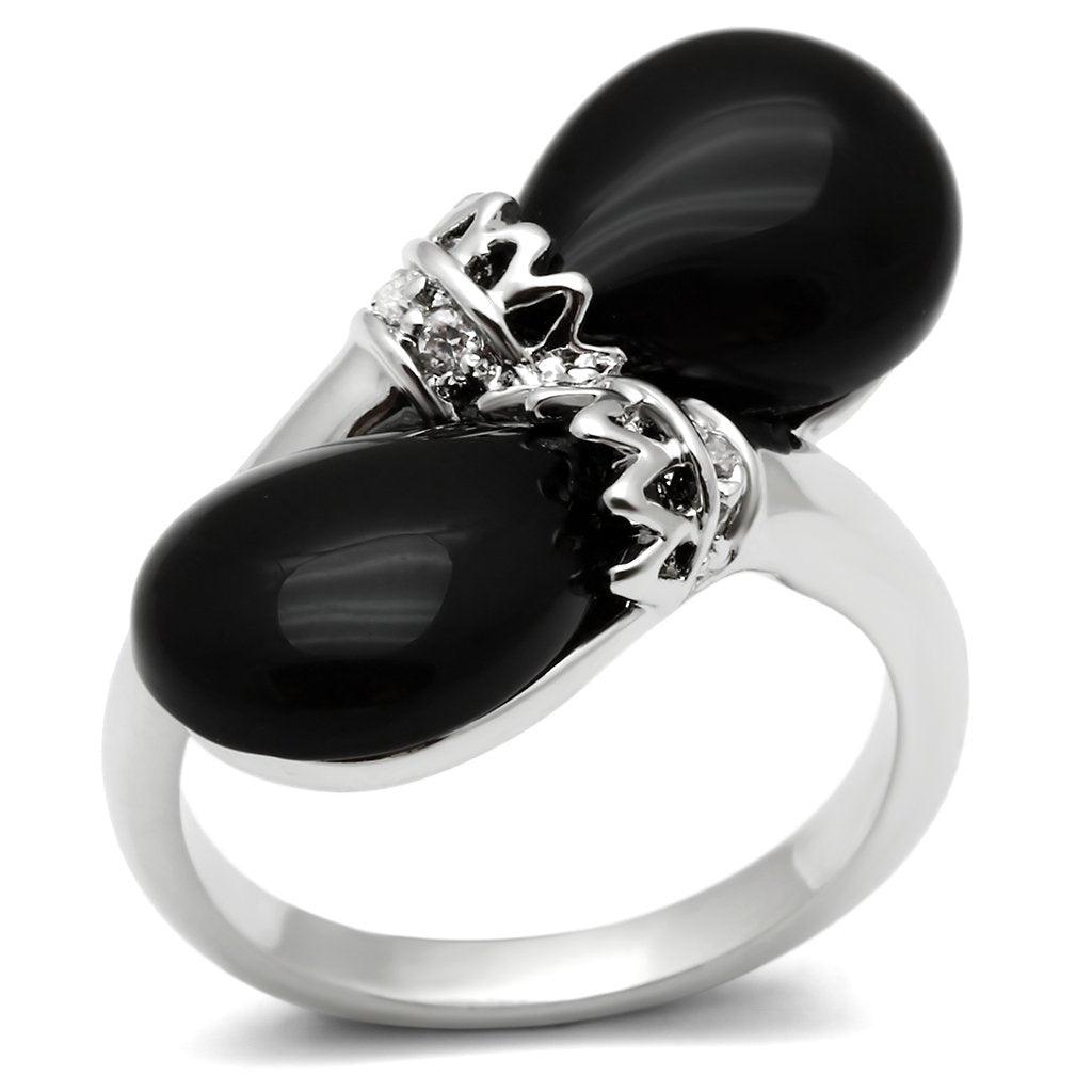 Alamode Rhodium Brass Ring with Semi-Precious Onyx in Jet - Flyclothing LLC