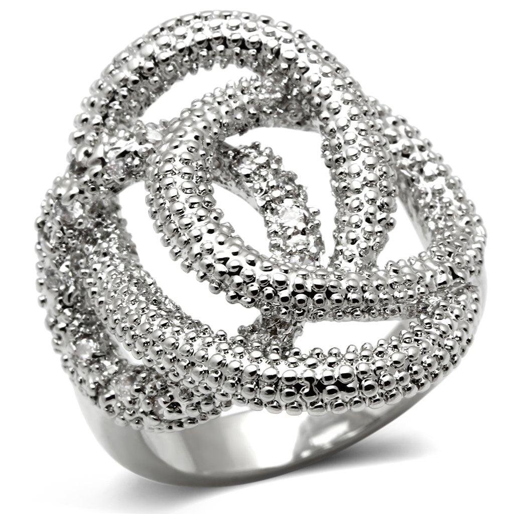 Alamode Rhodium Brass Ring with AAA Grade CZ in Clear - Flyclothing LLC