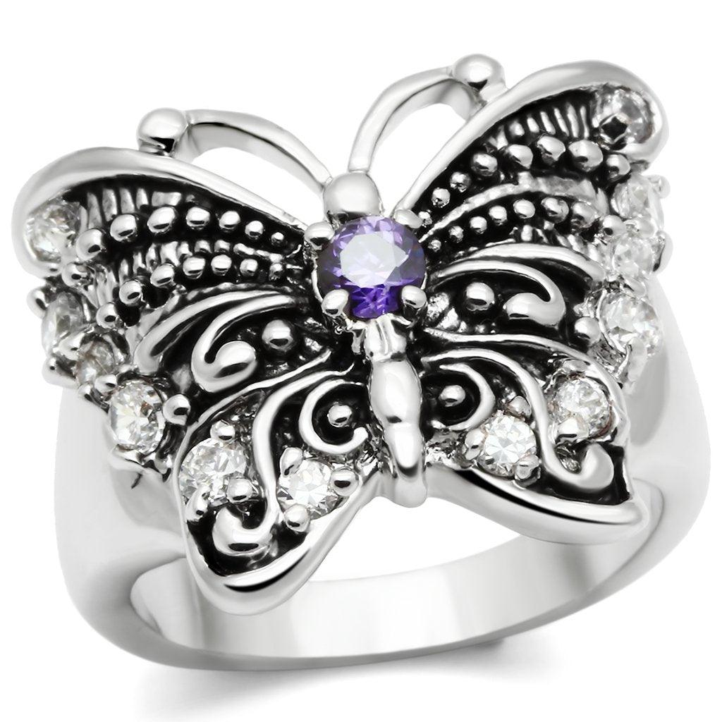 Alamode Rhodium Brass Ring with AAA Grade CZ in Amethyst - Flyclothing LLC