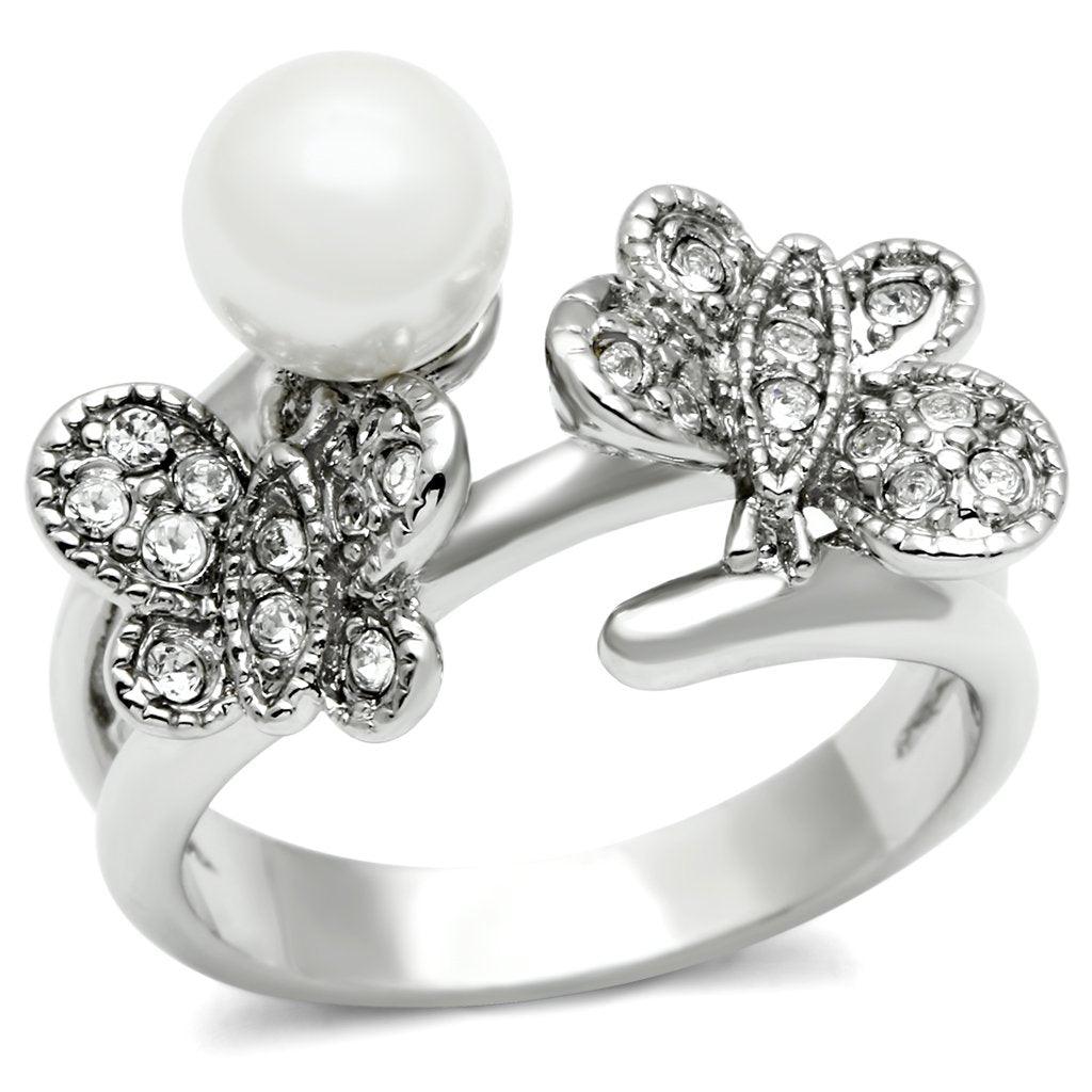 Alamode Rhodium Brass Ring with Synthetic Pearl in White - Alamode