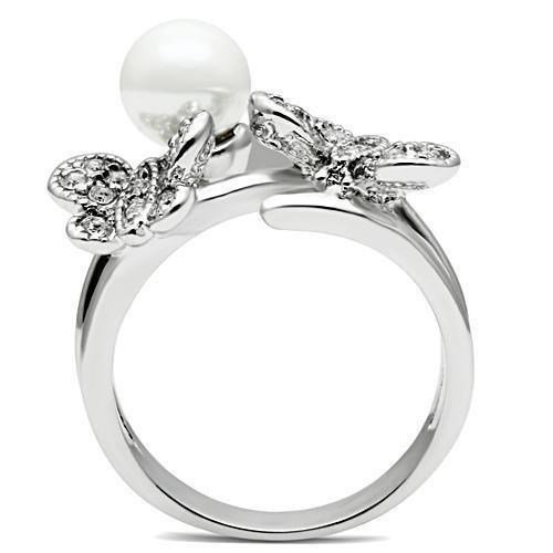 Alamode Rhodium Brass Ring with Synthetic Pearl in White - Alamode