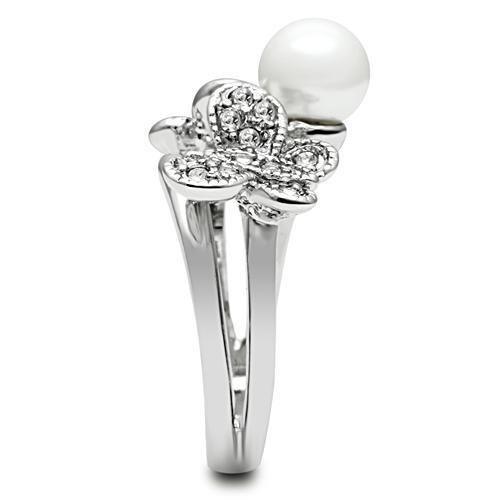 Alamode Rhodium Brass Ring with Synthetic Pearl in White - Alamode