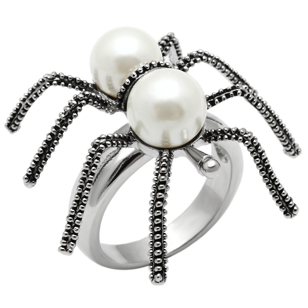 Alamode Rhodium Brass Ring with Synthetic Pearl in White - Alamode