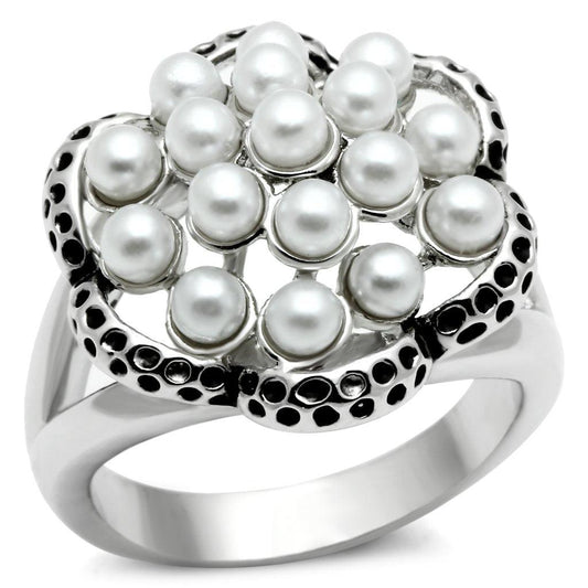 Alamode Rhodium Brass Ring with Synthetic Pearl in White - Alamode