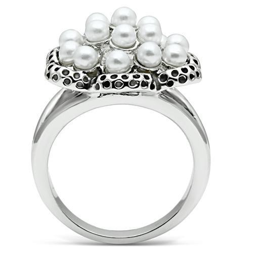 Alamode Rhodium Brass Ring with Synthetic Pearl in White - Alamode