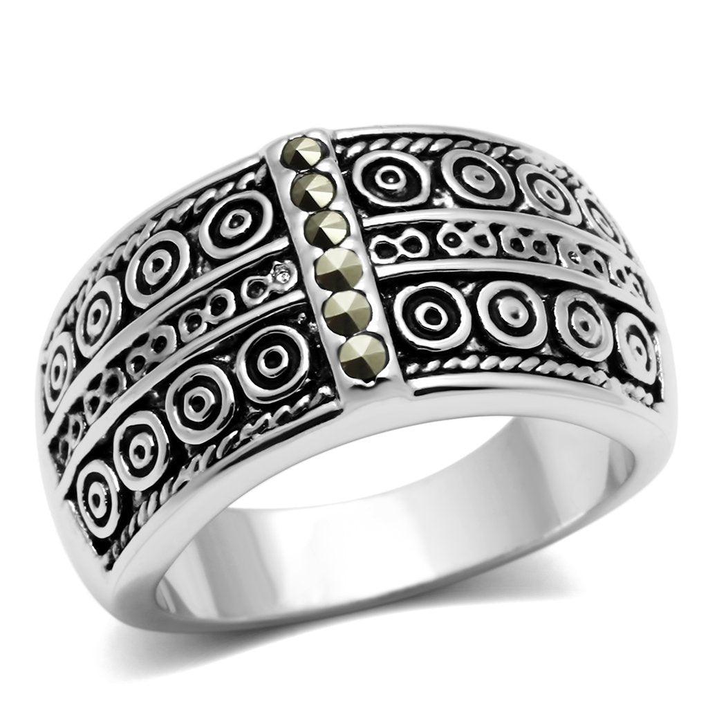 Alamode Rhodium Brass Ring with Semi-Precious Marcasite in Black Diamond - Flyclothing LLC