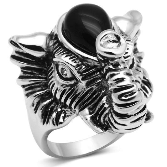 Alamode Rhodium Brass Ring with Synthetic Onyx in Jet - Flyclothing LLC