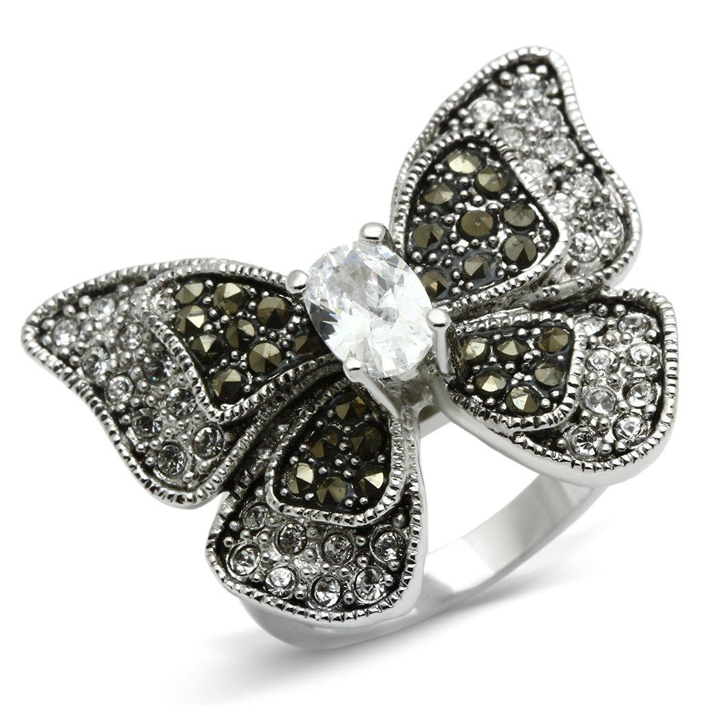 Alamode Rhodium Brass Ring with AAA Grade CZ in Clear - Flyclothing LLC