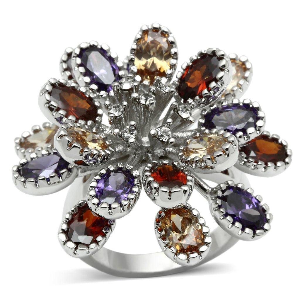 Alamode Rhodium Brass Ring with AAA Grade CZ in Multi Color - Flyclothing LLC