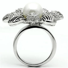 Alamode Rhodium Brass Ring with Synthetic Pearl in White - Alamode