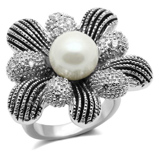 Alamode Rhodium Brass Ring with Synthetic Pearl in White - Alamode