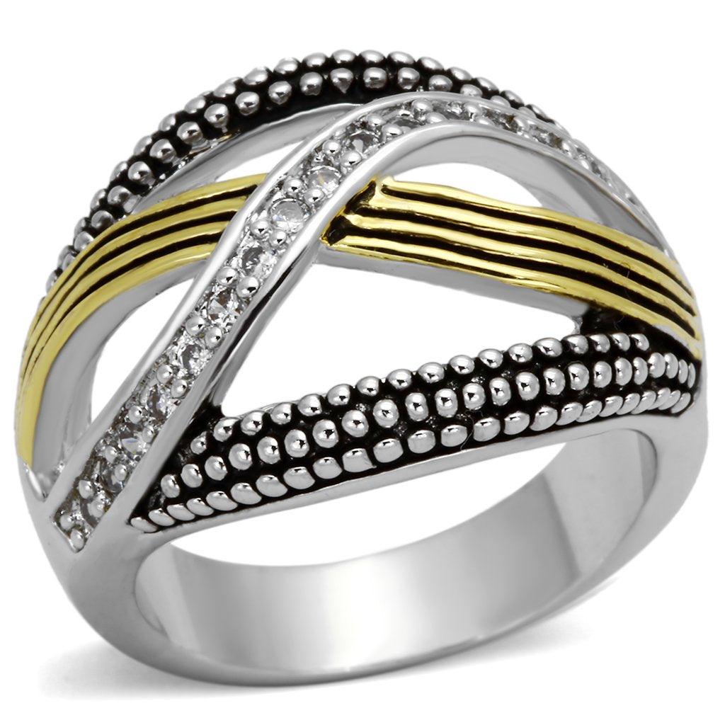 Alamode Reverse Two-Tone Brass Ring with AAA Grade CZ in Clear - Alamode