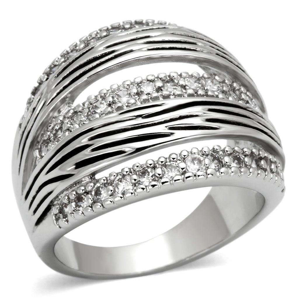 Alamode Rhodium Brass Ring with AAA Grade CZ in Clear - Flyclothing LLC