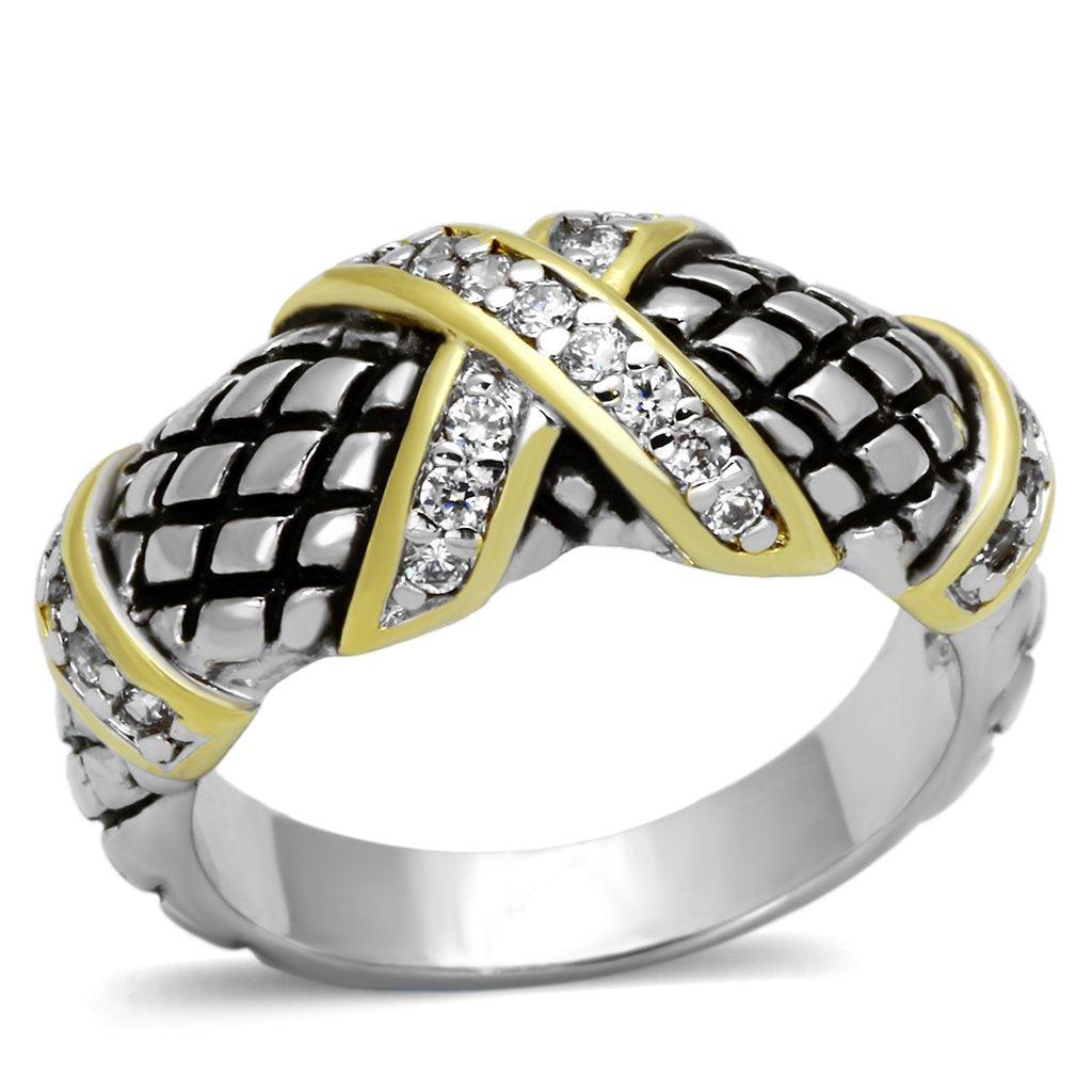 Alamode Reverse Two-Tone Brass Ring with AAA Grade CZ in Clear - Alamode