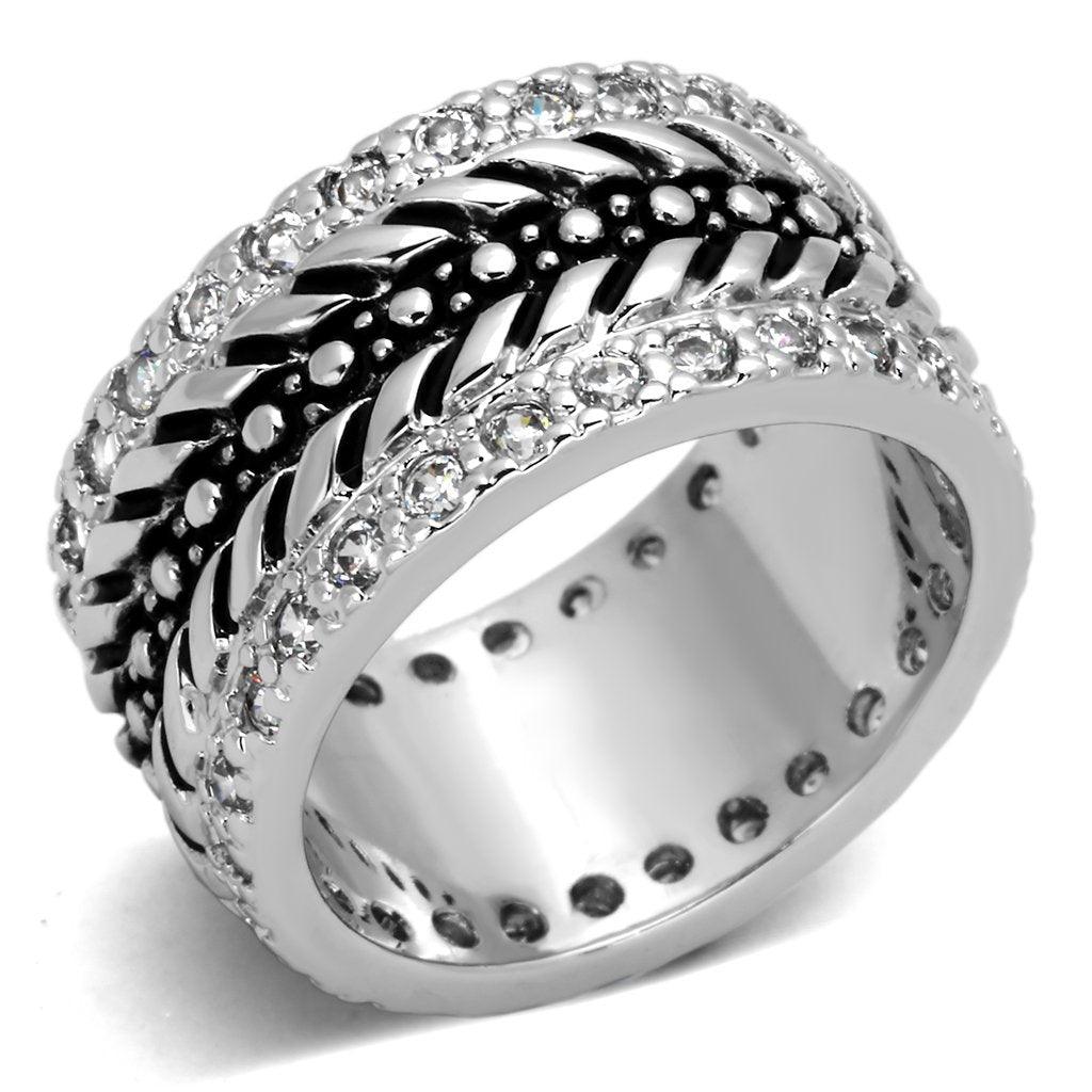 Alamode Rhodium Brass Ring with AAA Grade CZ in Clear - Flyclothing LLC