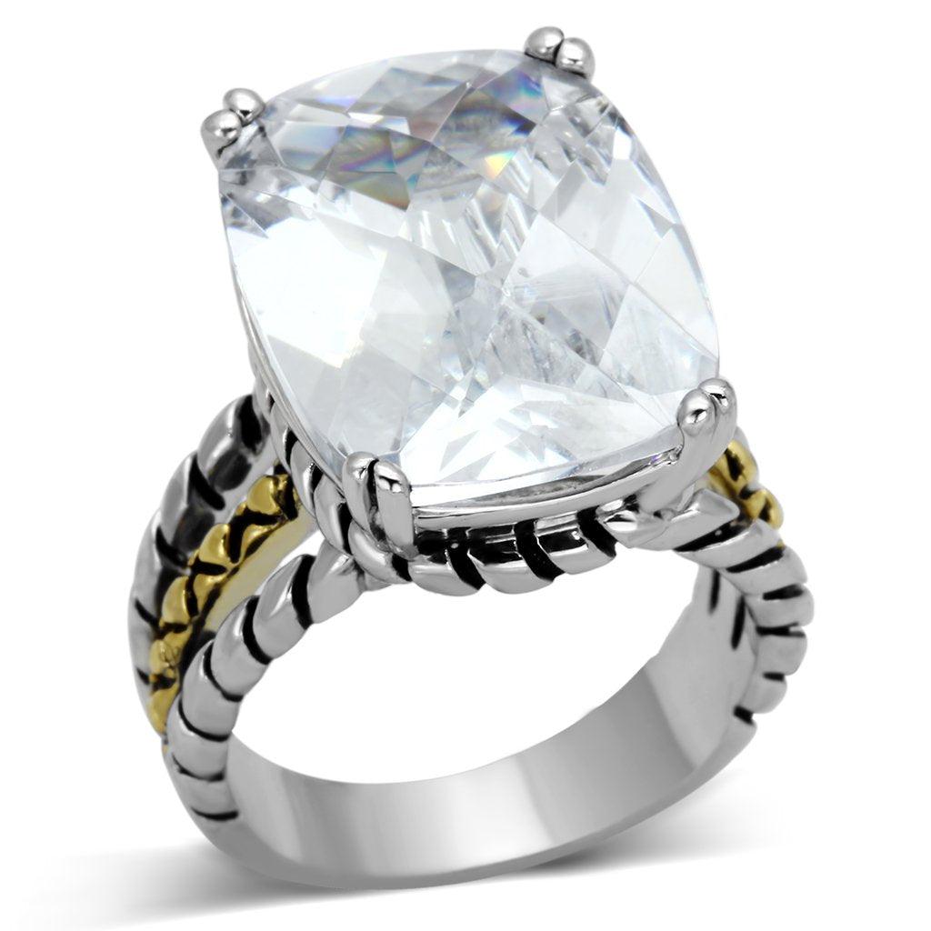 Alamode Reverse Two-Tone Brass Ring with AAA Grade CZ in Clear - Alamode