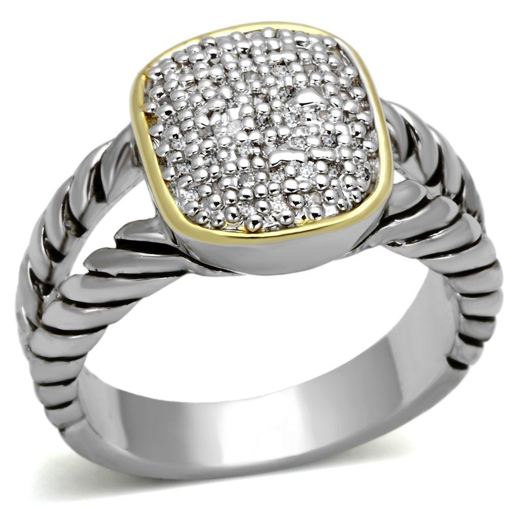 Alamode Reverse Two-Tone Brass Ring with AAA Grade CZ in Clear - Alamode