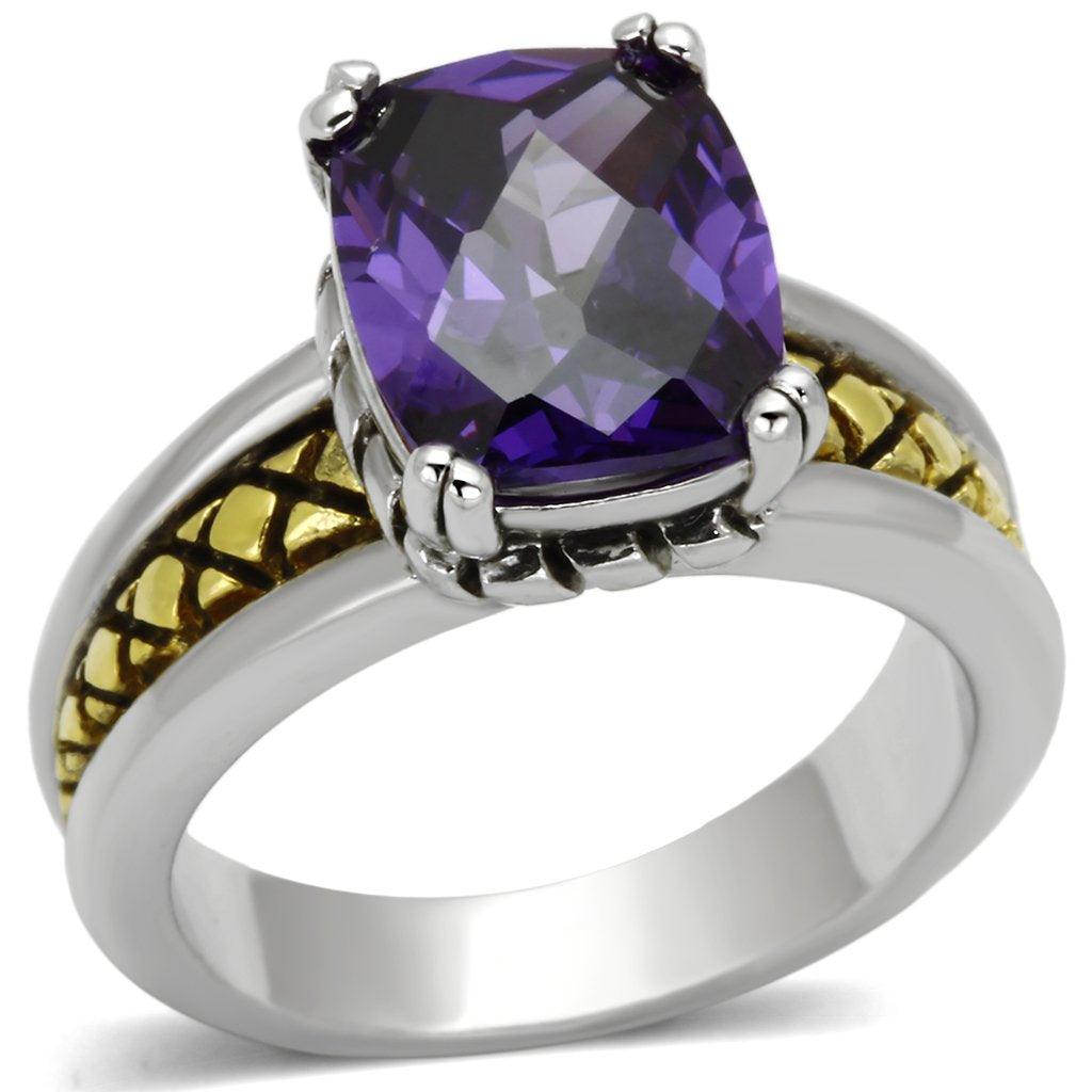 Alamode Reverse Two-Tone Brass Ring with AAA Grade CZ in Amethyst - Alamode