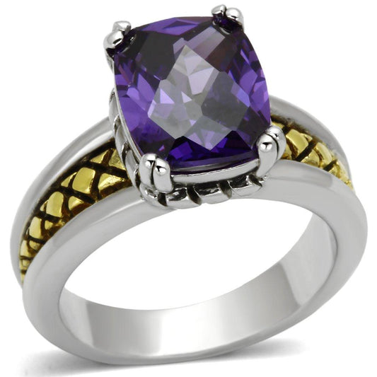 Alamode Reverse Two-Tone Brass Ring with AAA Grade CZ in Amethyst - Flyclothing LLC