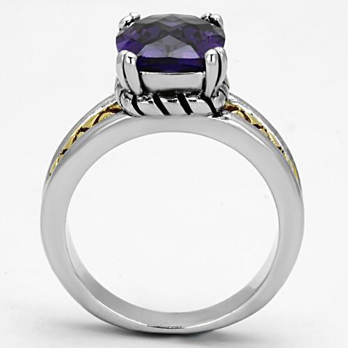 Alamode Reverse Two-Tone Brass Ring with AAA Grade CZ in Amethyst - Flyclothing LLC