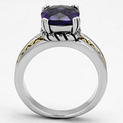 Alamode Reverse Two-Tone Brass Ring with AAA Grade CZ in Amethyst - Flyclothing LLC