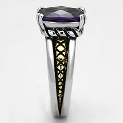 Alamode Reverse Two-Tone Brass Ring with AAA Grade CZ in Amethyst - Flyclothing LLC