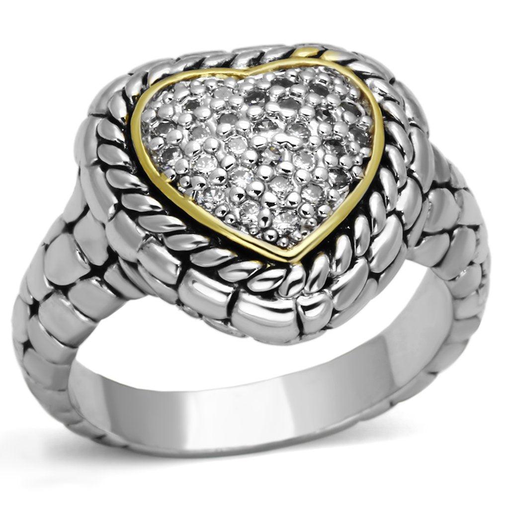 Alamode Reverse Two-Tone Brass Ring with AAA Grade CZ in Clear - Alamode