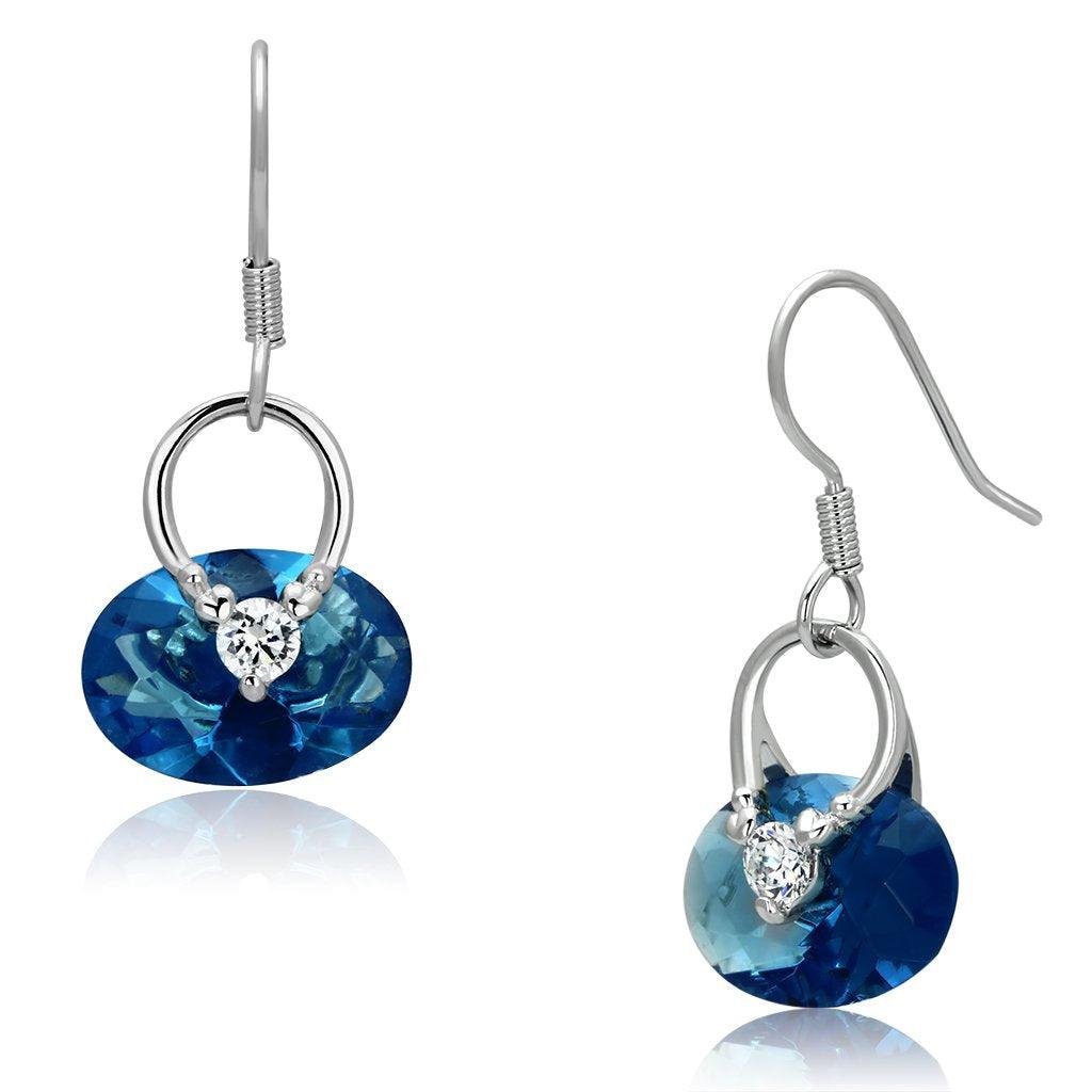 Alamode Rhodium Brass Earrings with Synthetic Synthetic Glass in Sea Blue - Flyclothing LLC