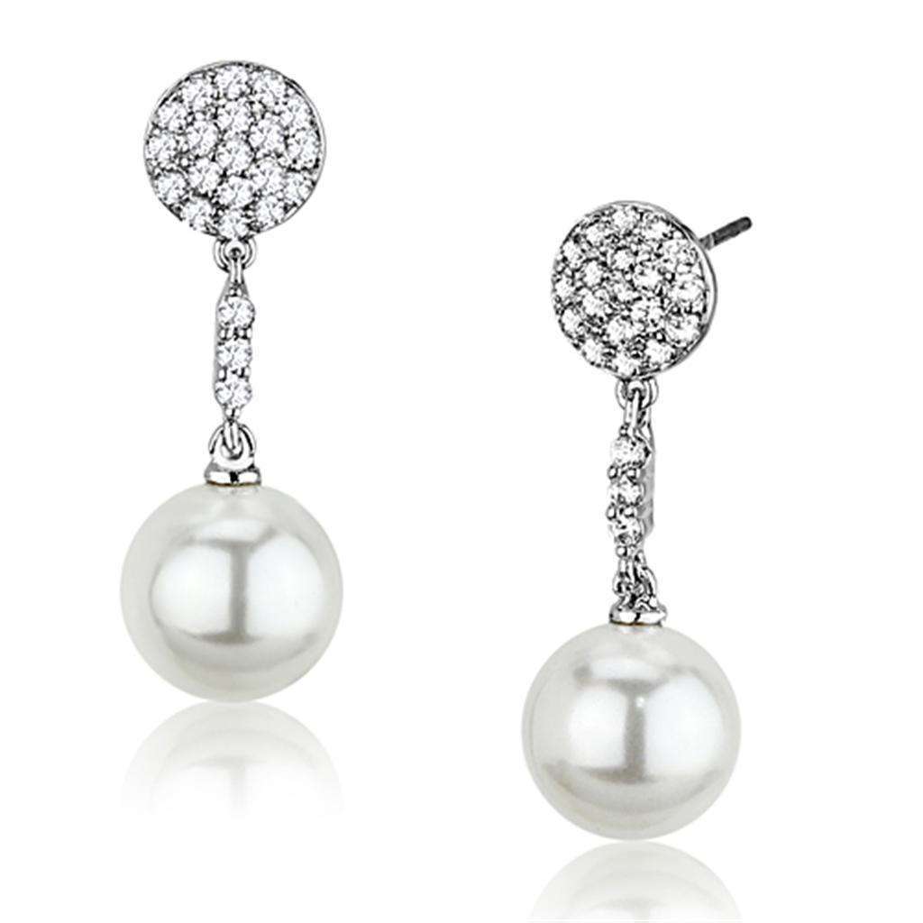 Alamode Rhodium Brass Earrings with Synthetic Pearl in White - Flyclothing LLC