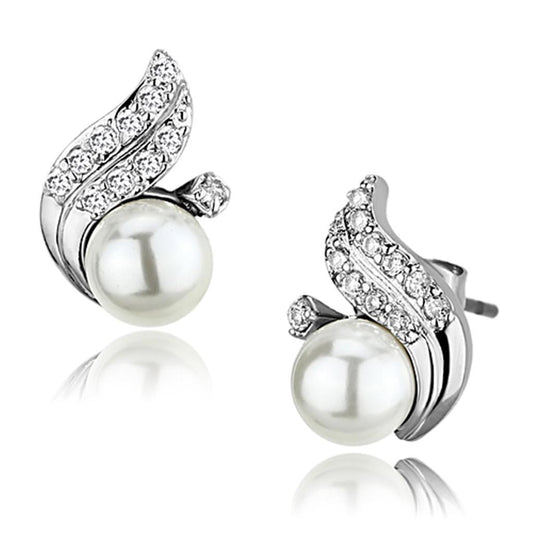 Alamode Rhodium Brass Earrings with Synthetic Pearl in White - Flyclothing LLC