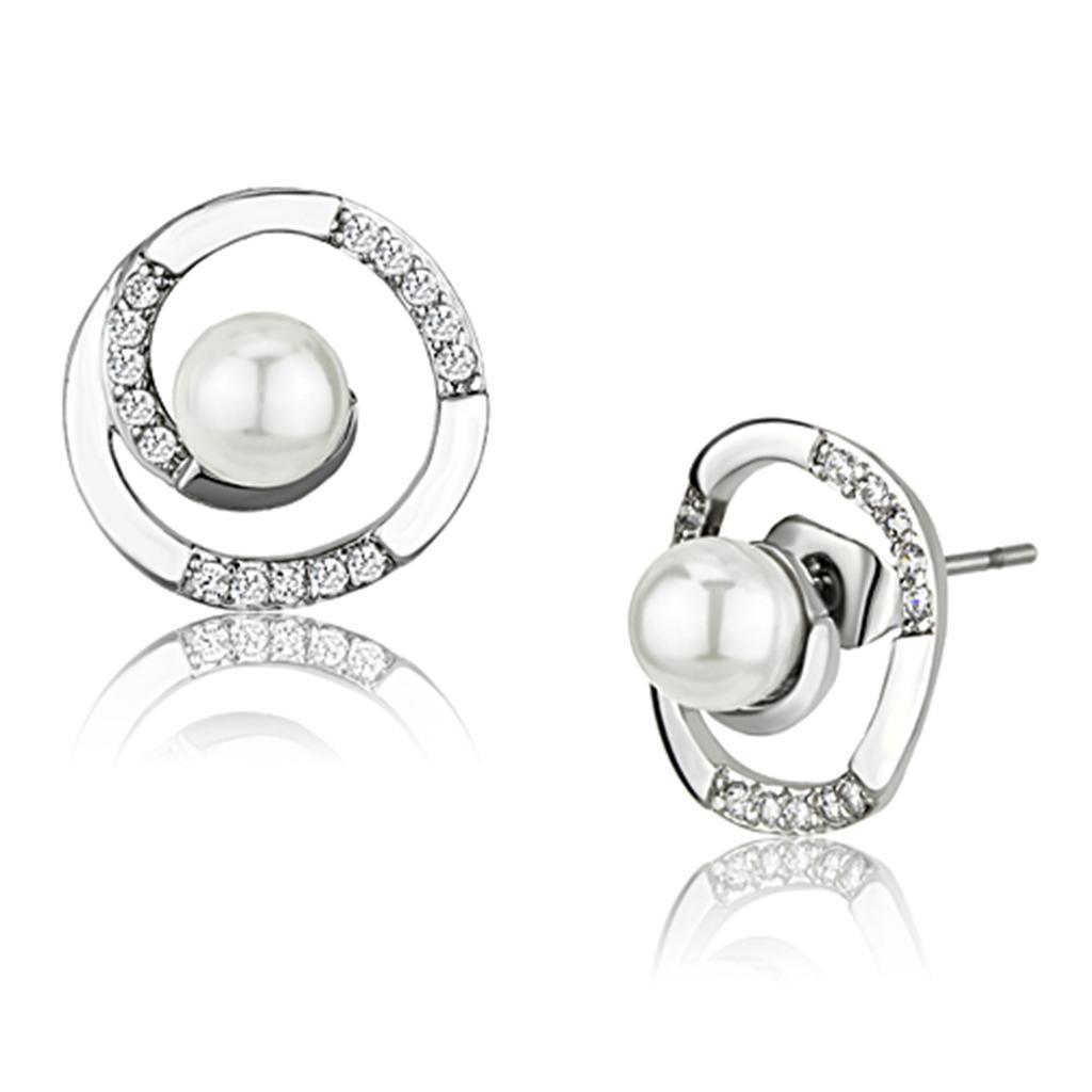 Alamode Rhodium Brass Earrings with Synthetic Pearl in White - Flyclothing LLC