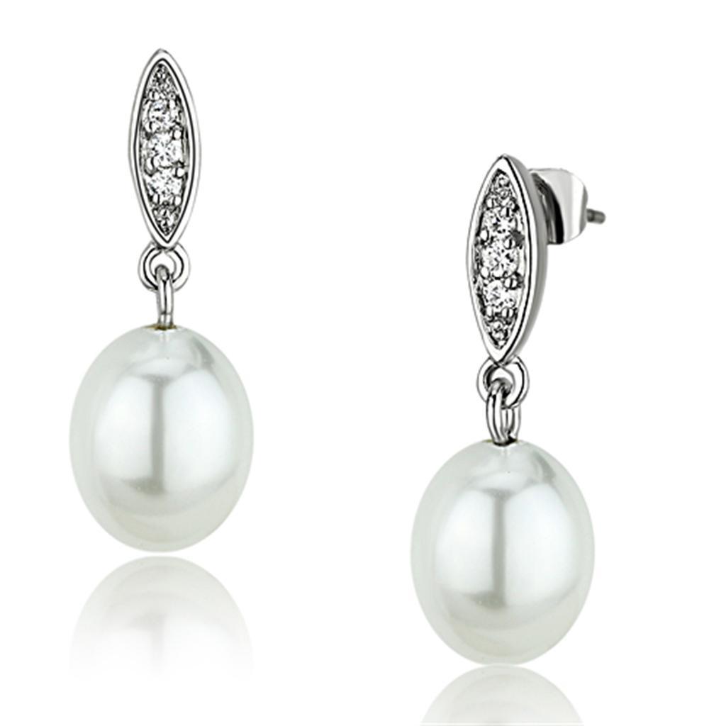 Alamode Rhodium Brass Earrings with Synthetic Pearl in White - Flyclothing LLC