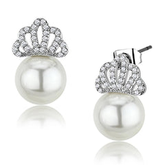 Alamode Rhodium Brass Earrings with Synthetic Pearl in White - Flyclothing LLC