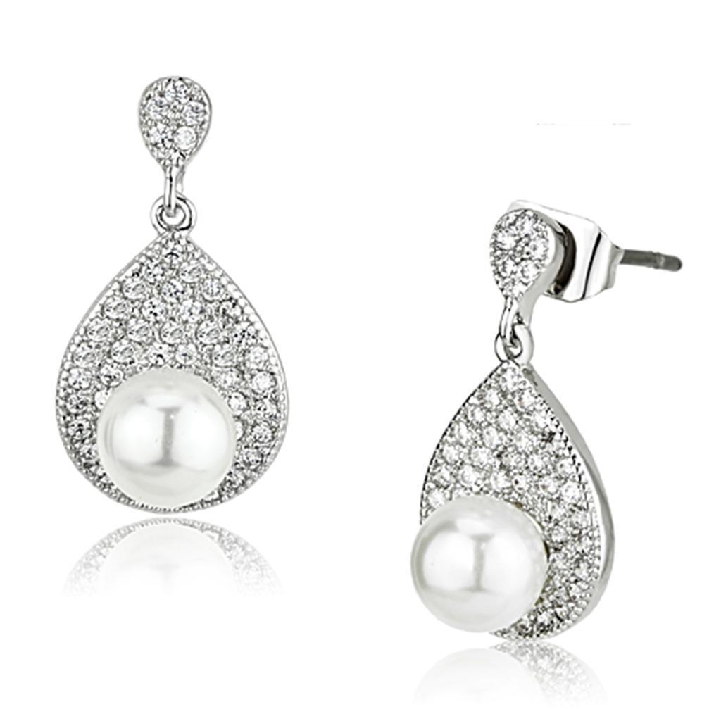 Alamode Rhodium Brass Earrings with Synthetic Pearl in White - Flyclothing LLC