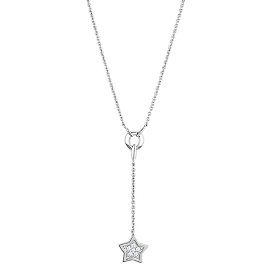 Alamode Rhodium Brass Necklace with AAA Grade CZ in Clear - Flyclothing LLC