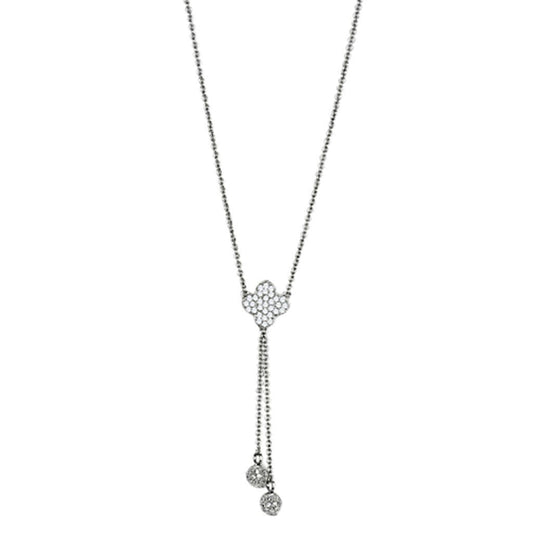 Alamode Rhodium Brass Necklace with AAA Grade CZ in Clear - Flyclothing LLC