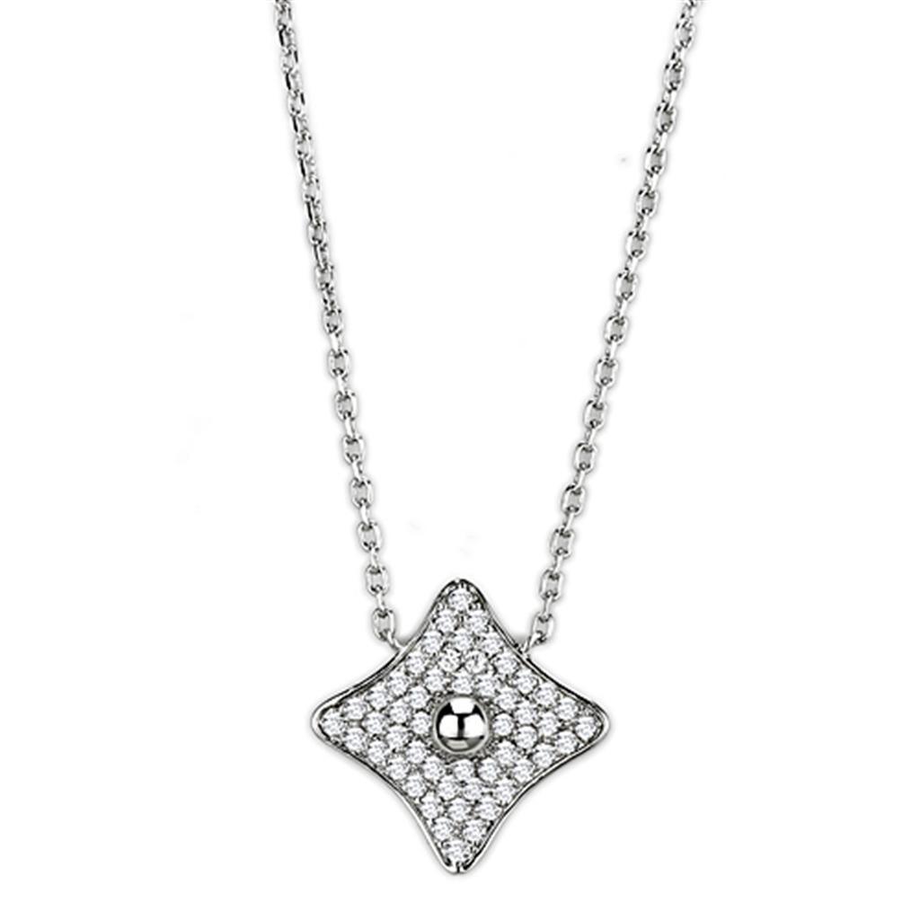 Alamode Rhodium Brass Necklace with AAA Grade CZ in Clear - Flyclothing LLC