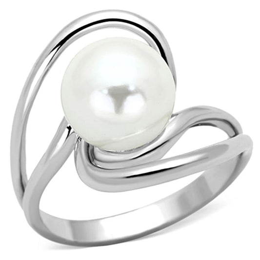 Alamode Rhodium Brass Ring with Synthetic Pearl in White - Flyclothing LLC