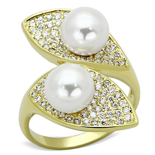 Alamode Gold Brass Ring with Synthetic Pearl in White - Flyclothing LLC