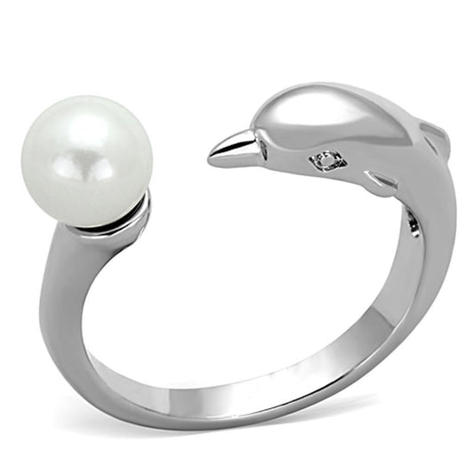 Alamode Rhodium Brass Ring with Synthetic Pearl in White - Flyclothing LLC