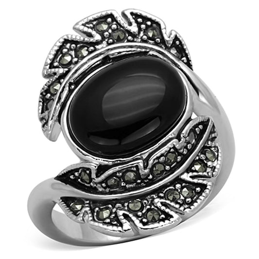 Alamode Rhodium Brass Ring with Synthetic Onyx in Jet - Flyclothing LLC