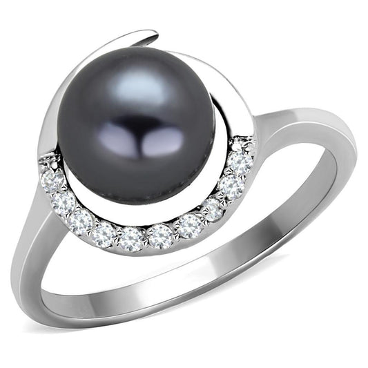 Alamode Rhodium Brass Ring with Synthetic Pearl in Gray - Flyclothing LLC