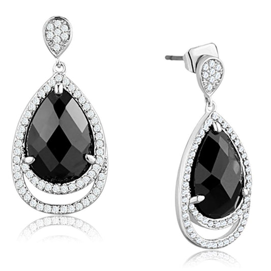 Alamode Rhodium Brass Earrings with AAA Grade CZ in Jet - Flyclothing LLC