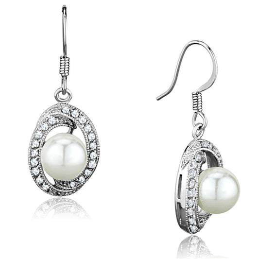 Alamode Rhodium Brass Earrings with Synthetic Pearl in White - Flyclothing LLC