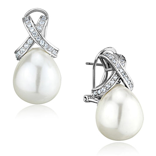 Alamode Rhodium Brass Earrings with Synthetic Pearl in White - Flyclothing LLC